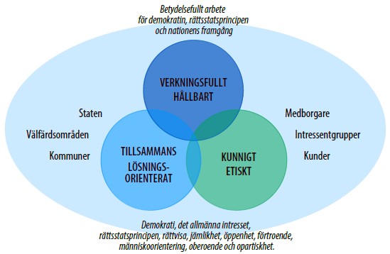 Figuren beskriver värdegrunden och principerna för det offentliga ledarskapet i dess helhet, med staten, välfärdsområdena och kommunerna på ena sidan och medborgarna, intressenterna och kunderna på den andra. Värdena anges nere på figuren: demokrati, det allmänna intresset, rättsstatsprincipen, rättvisa, jämlikhet, öppenhet, förtroende, människoorientering, oberoende och opartiskhet. Principerna för det offentliga ledarskapet anges i mitten, i form av par: verkningsfullhet och hållbarhet, tillsammans och lösningsorientering samt kompetens och etik. Uppe på figuren finns texten "Betydelsefullt arbete för demokratin, rättsstatsprincipen och nationens framgång.
