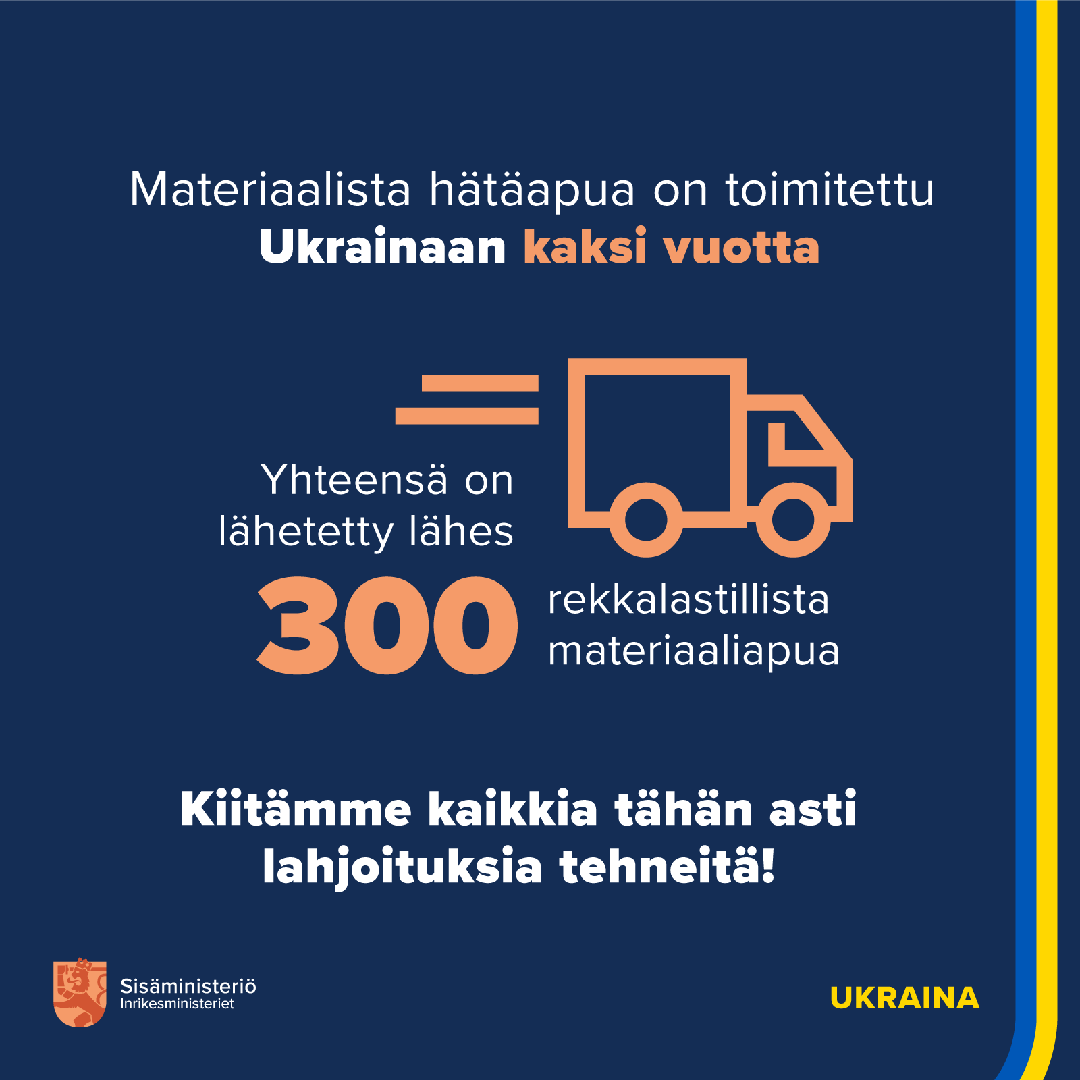 Materiaalista hätäapua on toimitettu Ukrainaan kaksi vuotta. Yhteensä on lähetetty lähes 300 rekkalastillista materiaaliapua. Kiitämme kaikkia tähän asti lahjoituksia tehneitä!