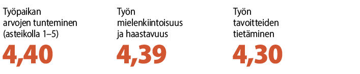 Työpaikan arvojen tunteminen (asteikko 1-5): 4,47, työn mielenkiintoisuus ja haastavuus 4,35 ja työn tavoitteiden tietäminen 4,35.