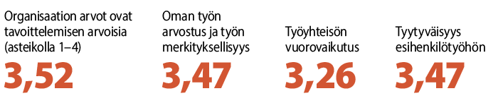 Työpaikan arvojen tunteminen (asteikko 1-5): 4,47, työn mielenkiintoisuus ja haastavuus 4,35 ja työn tavoitteiden tietäminen 4,35.