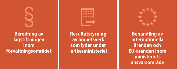 Beredning av lagstiftningen inom förvaltningsområdet, resultatstyrning av ämbetsverk som lyder under inrikesministeriet, behandling av internationella ärenden och EU-ärenden inom ministeriets ansvarsområde.