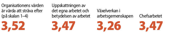 Jag känner till arbetsplatsens värderingar (på skalan 1-5) 4,40, arbetet är intressant och utmanande 4,39 , jag vet målen för arbetet 4,30.