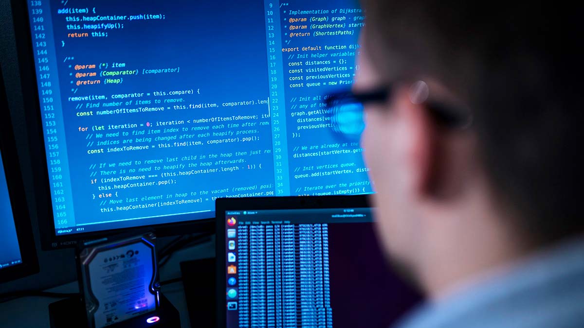 Mannen tittar på datorns skärm.