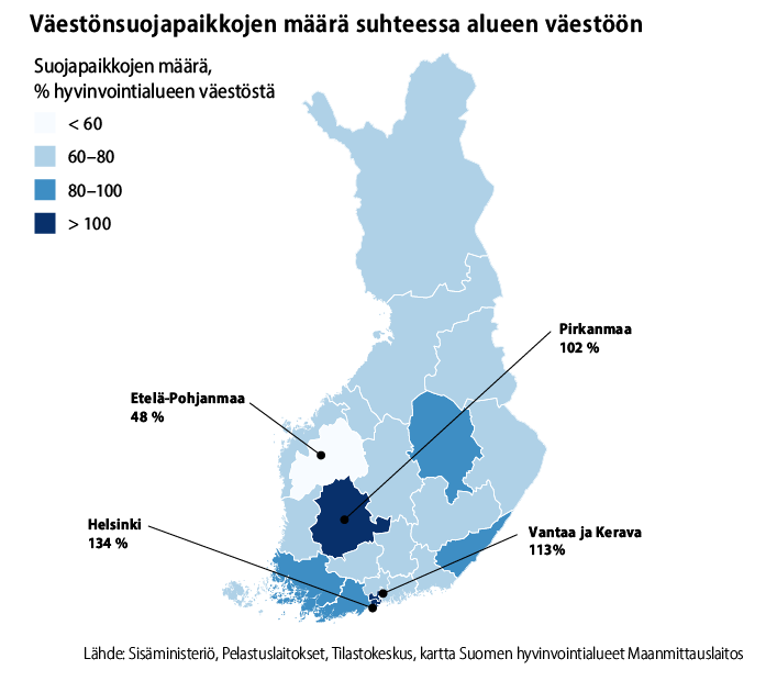 Karttagrafiikka väestönsuojapaikoista Suomen alueilla suhteessa väestöön. Sisältö on kuvattu leipätekstissä.