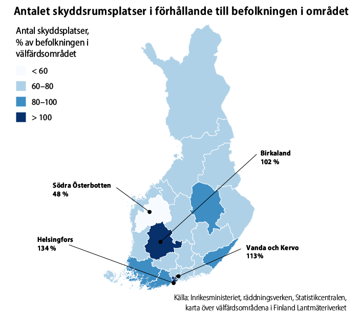 Kartan över antalet skyddsrumplatser i varje områden i Finland. Innehåll beskrivt i texten.