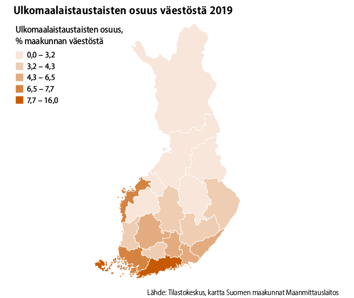 Vuonna 2019 ulkomaalaistaustaisten osuus maakunnan väestöstä oli suurin Ahvenanmaalla ja Uudellamaalla. Seuravaksi eniten ulkomaalaistaustaisia oli Varsinais-Suomessa ja Pohjanmaan maakunnassa. Lähde: Tilastokeskus.